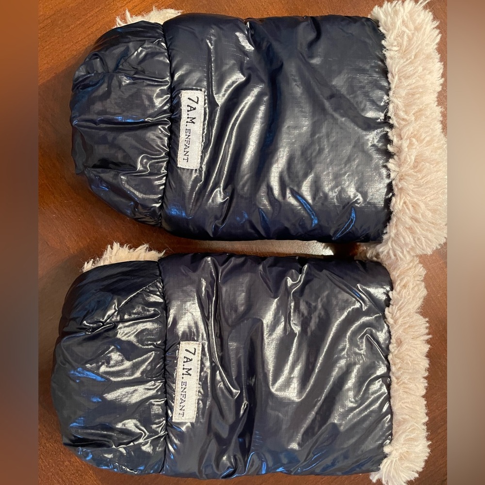 7AM Enfant Navy Blue Warm Muffs Stroller Mittens with Cream Fur Trim